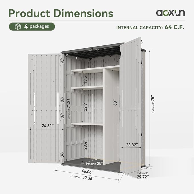 Aoxun Outdoor Resin Storage Shed with Metal Shelving Kit & Floor, 64 Cu.Ft Vertical Waterproof Storage Cabinet for Garage, Pool, Bike, Garden Tools, Patio Furniture (White) Aoxun