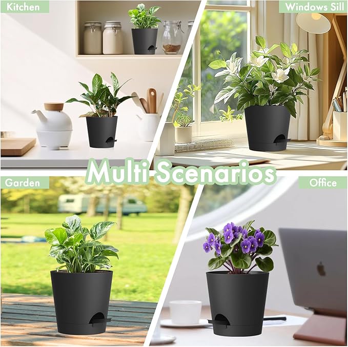 4 inch Self Watering Pots for Indoor Outdoor Plants, 6 Pack Plastic Flower Planters with Drainage Holes and Removable Saucers, Plant Pots with Wicking Rope, Modern Decor, Black WSMKSZ