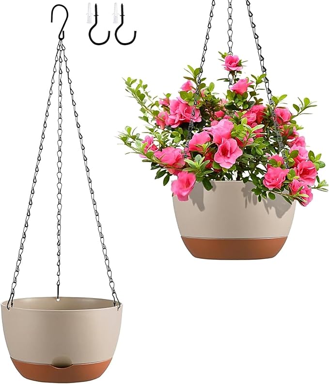 Hanging Planters for Indoor Plants, Set of 2 8/10 Inch Self-Watering Hanging Pots with Drainage Hole & Removable Water-Storage Tray II Screw-in Hooks Rootora