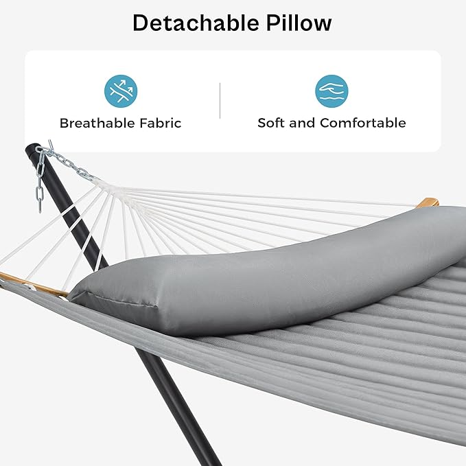 SUPERJARE Hammock with Stand, 2 Person Heavy Duty Hammock Frame, Detachable Pillow & Strong Curved-Bar & Portable Carrying Bag, Perfect for Outdoor & Indoor - Gray SUPERJARE
