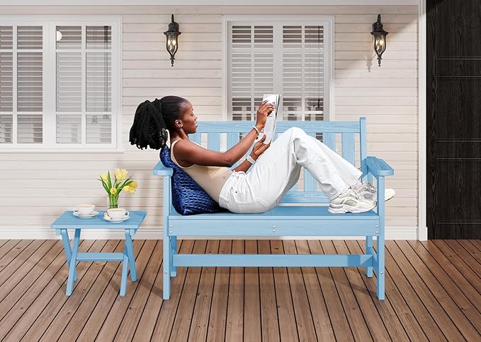 SERWALL Outdoor Bench, HDPE Outdoor Benches Weatherproof, 2-Person Garden Bench with 660 lbs Weight Capacity, Patio Benches for Outdoors, Garden, Porch, Backyard and Park, Light Blue, 4 Pack SERWALL