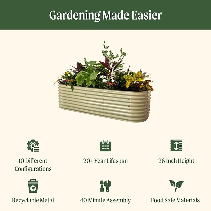Vego garden 26" Extra Tall Raised Garden Bed Kits, 10 in 1 Modular Raised Planter Box for Vegetables Flowers Fruits Oval Metal Raised Garden-Modern Gray VegoGarden