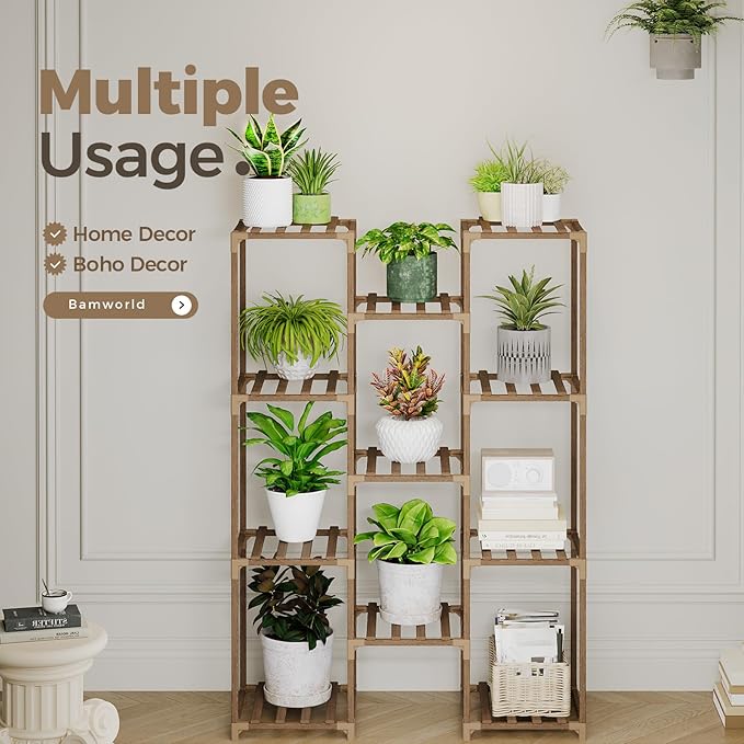 Bamworld Plant Stand Indoor Outdoor Tall Plants Shelf for Multiple Plants Pots Wood Flower Stand Large 11 Pots Plant Holder for Living Room, Patio, Balcony, Garden Bamworld