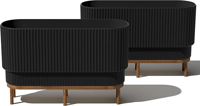 Veradek Demi Series Raised Long Planter for Indoor/Outdoor Use | Made from Plastic & Stone w/Wooden Stand | Modern Patio Décor for Flowers/Shrubs VeradekOutdoor
