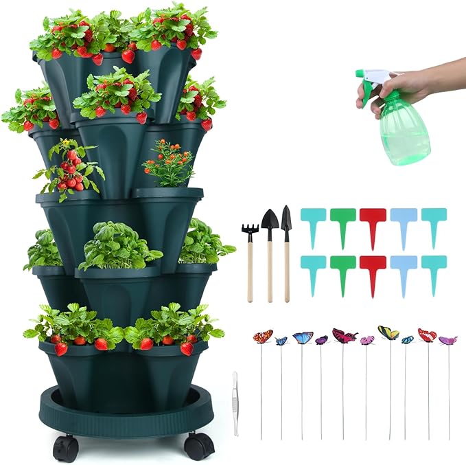GameXcel Vertical Planter, 5 Tier Stackable Strawberry Planter with Garden Tool Set, Movable Indoor/Outdoor Garden Herb Pot for Growing Vegetables and Succulents, Green GameXcel