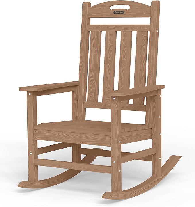 Oversized Rocking Chair Outdoor, High Back Porch Rocker Chair, HDPE All Weather Resistant Rocking Chairs for Patio, 386lbs Weight Capacity, Teak Suunyn