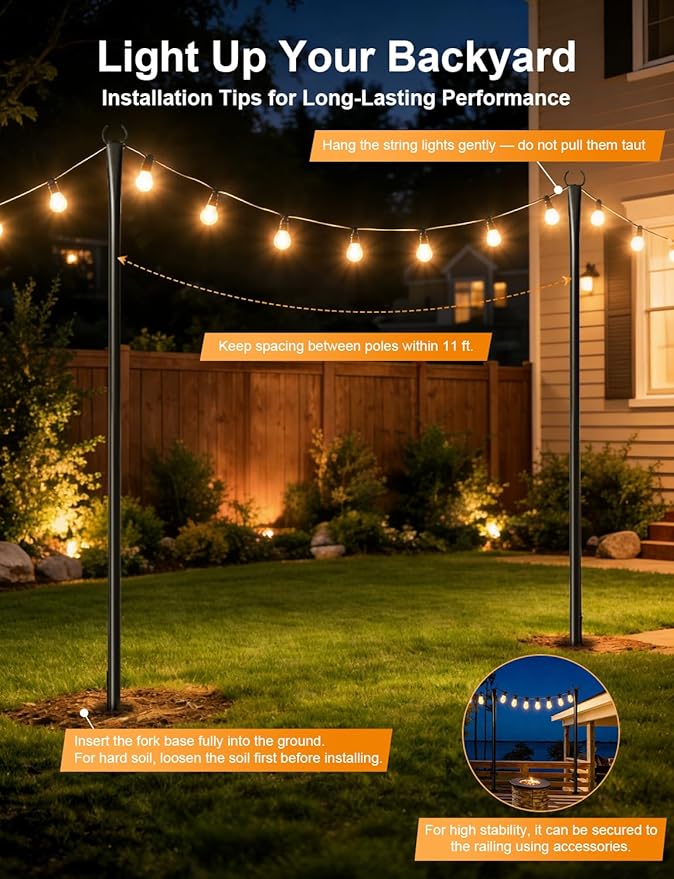4 Pack String Light Poles for Outside, Thickened Metal Christmas Lights Hanger Pole Outdoor with Fork, Lighting Hanging Post Accessories for Patio Decor Garden Backyard Yard Outside Decorations Fussion