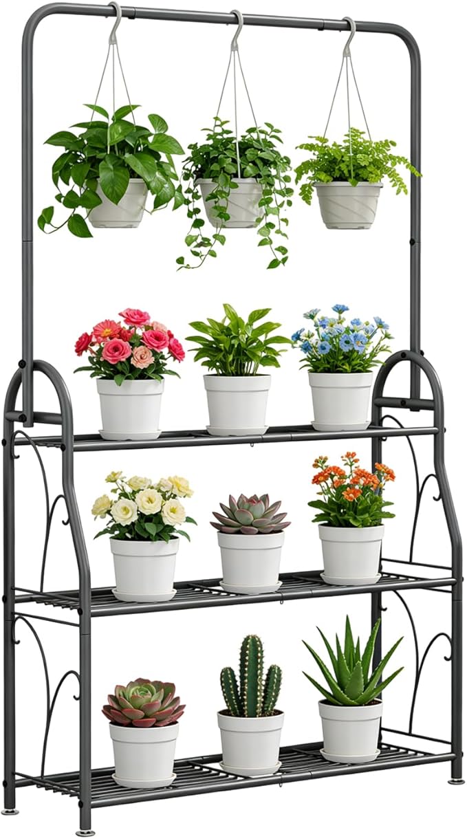 SORCEDAS Plant Stand Indoor Outdoor 3 Tier Tall Corner Hanging Plant Shelf Metal Flower Stands Ladder Plant Holder for Living Room Balcony Garden Patio Multiple Plants, Dark Grey SpecialYourHome