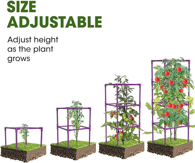 3 Pack Tomato Cages, Square Tomato Plant Stakes Support Cages Trellis for Garden Climbing Vegetables Flowers Fruits,Extra Bold,Purple MQHUAYU