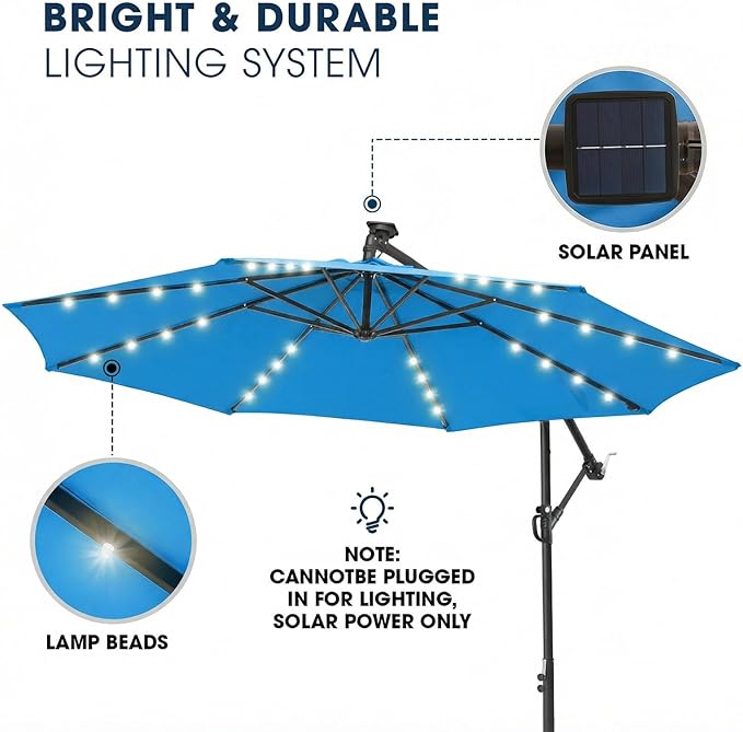 wikiwiki 10ft Solar LED Patio Umbrella with Base Included, Offset Umbrella with Sandbag Base, Cantilever Patio Umbrellas for Backyard, Garden & Deck, 32 LED Lights & Polyester Shade, Royal Blue WikiwikiPatioUmbrellas