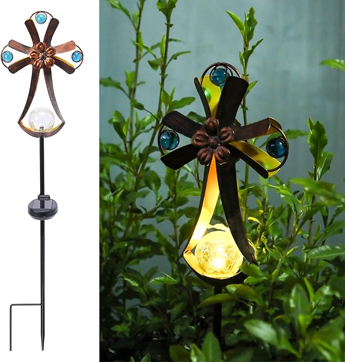 VCUTEKA Solar Garden Lights Cemetery Metal Flower Decor Colorful Solar Pathway Light with LED Cracked Crystal Ball Outdoor Decorative Stake for Patio Yard Lawn Garden Decor (Cross) VCUTEKA