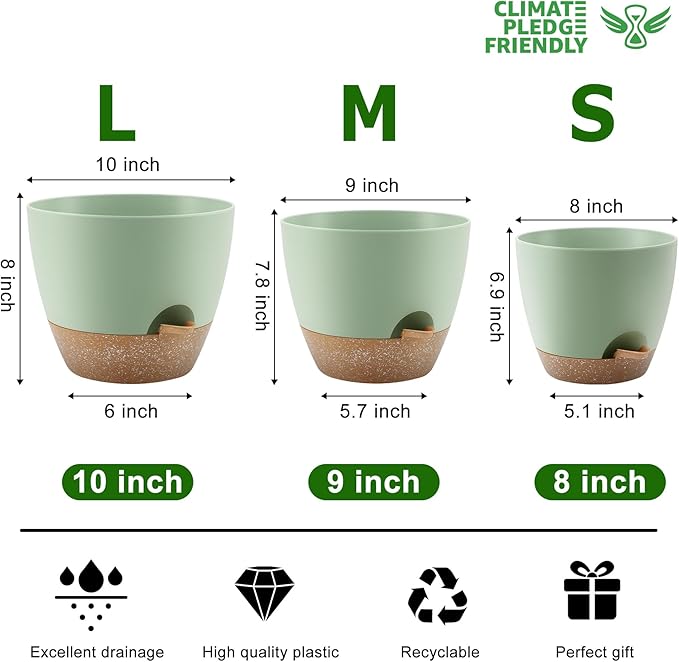 Plant Pots 10/9/8 Inch Self Watering Pots, Set of 3 Plastic Planters with Drainage Holes and Saucers,Plastic Flower Pots,Nursery Planting Pot for Indoor Out Door Plants（Green） QRRICA