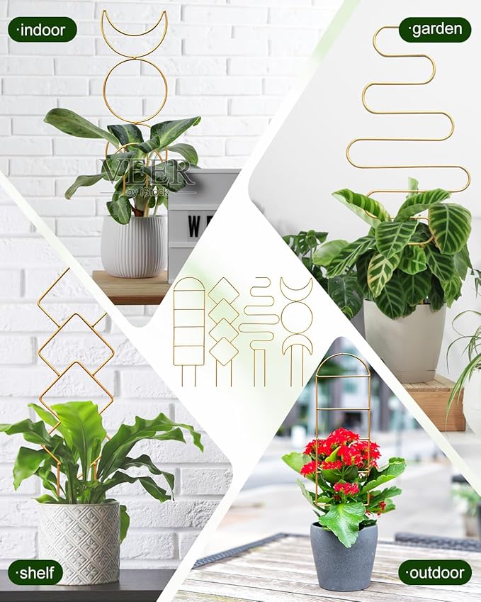 4 Pack Trellis for Climbing Plant Indoor, Small Metal Garden Trellis for Potted Plants Outdoor, Stake Mini Houseplant Trellis Support for Hoya, Vines, Pothos, Monstera (Gold) Rootora