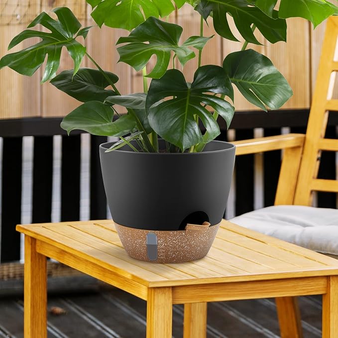 Self-Watering Plant Pots with Water Level Indicator, Drainage Holes & Saucers – 12/10/9 Inch Large Plastic Planter Set for Indoor & Outdoor Plants(Black) QRRICA