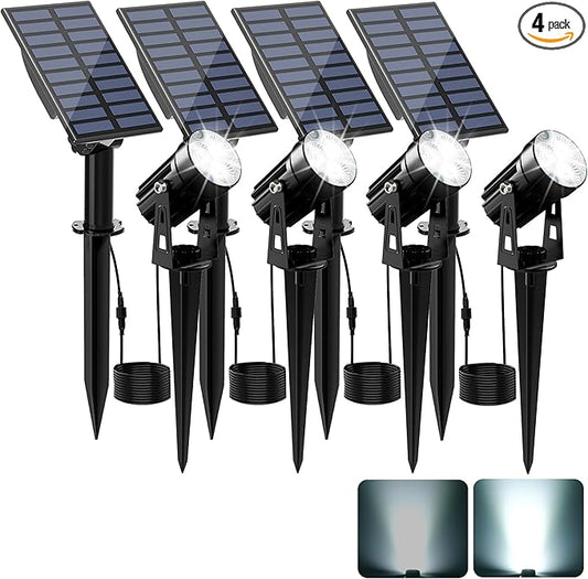 Solar Spot Lights Outdoor, Solar Landscape Spotlights IP65 Waterproof 9.8ft Cable, Auto On/Off Outdoor Wall Lights for Garden Yard Driveway Porch Walkway Pool (1-in-1 6000K Cold White 4 Pack) CREPOW