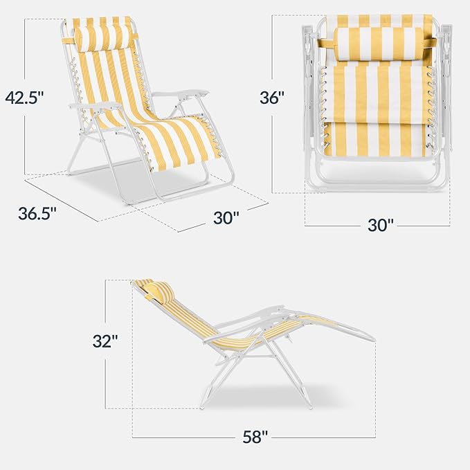 Best Choice Products Set of 2 Extra Wide Adjustable Steel Mesh Zero Gravity Lounge Chair Recliners w/Pillows and Cup Holder Trays - Marigold Stripes/White BestChoiceProducts