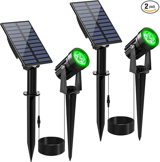 Green Solar Spot Lights Outdoor, 2 Pack Solar Landscape Spotlights IP65 Waterproof 9.8ft Cable, Auto On/Off Outdoor Wall Lights for Garden Yard Driveway Porch Walkway Pool (1-in-1) CREPOW