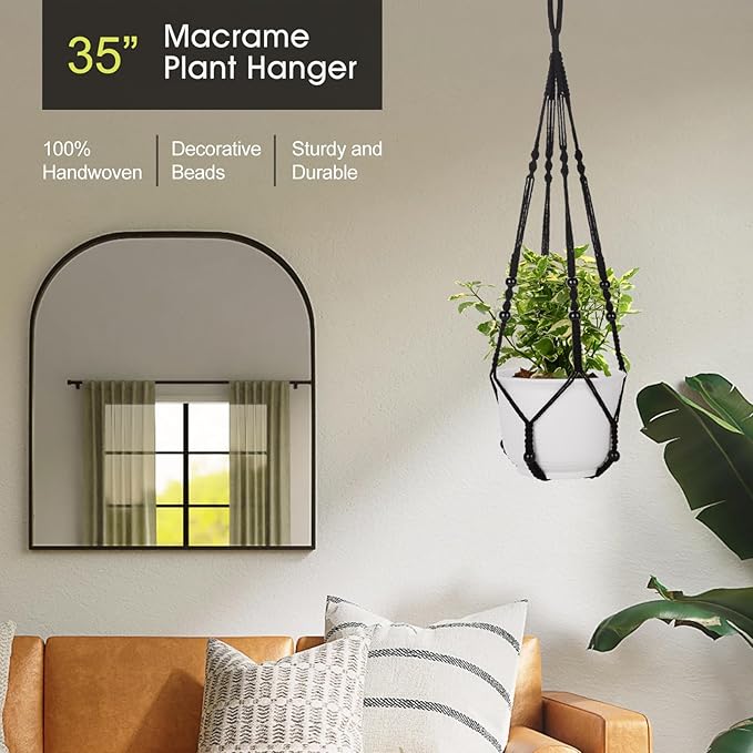 RIFNY Macrame Plant Hanger for 5 to 10 Inch Plant Pots, 35 Inch Indoor Handmade Woven Rope Hanger Kits with Hooks and Wood Beads, Hanging Planter Basket Holder for Boho Home Decor (Black, 3 Pack) RIFNY