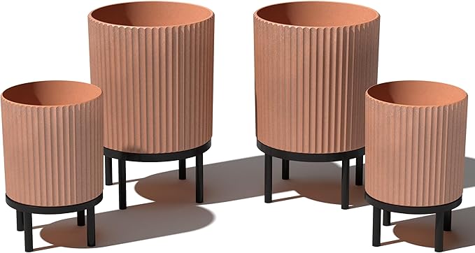 Veradek Demi Series Round Planter w/Stand for Porch/Patio | Durable Plastic-Stone Composite & Wooden Stand | Modern Décor for Tall Plants, Flowers VeradekOutdoor