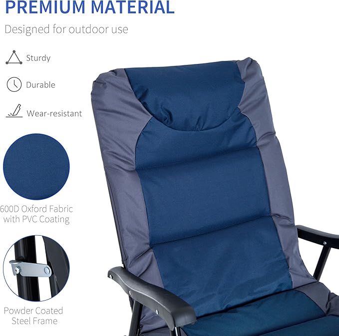 Outsunny Oversized Folding Rocking Camping Chair Set of 2, Padded Outdoor Rockers with High Back and Armrests, Portable Outdoor Patio Chairs with Steel Frame for Garden, Porch, Lawn, Navy Blue Outsunny