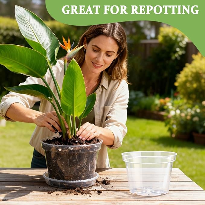 10 Pack 10 Inch Clear Nursery Pots with Saucers, Transparent Sturdy Plastic Plant Pots, Large Gardening Pots with Drainage Hole, Planting Starter Pot for Indoor Outdoor Flowers Herbs Vegetables RooTrimmer