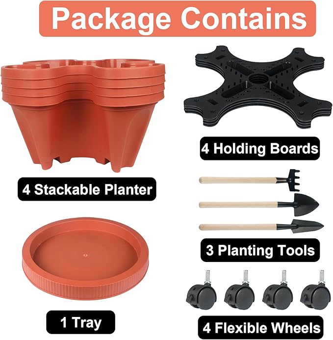 GameXcel Vertical Planter 4 Tier Stackable Planters Garden Planters Strawberry Herb Flower and Vegetable Planter Indoor Outdoor Gardening Pots with Removable Wheels and Tools 2-Pack GameXcel