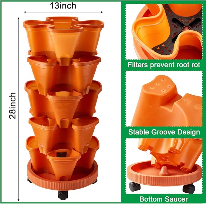 Umigy 2 Set 5 Tier Stackable Planters Vertical Garden Planters for Strawberry Herb Flower and Vegetable Indoor Outdoor Gardening Pots with Removable Wheels and Bottom(Terracotta) Umigy
