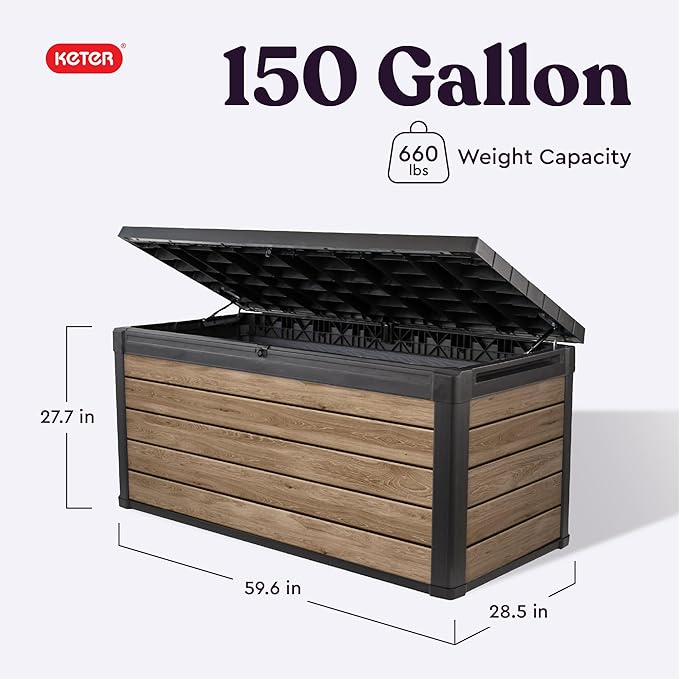 Keter Signature Collection 150 Gallon Resin Deck Box Organization and Storage Box for Patio Outdoor Cushions, Throw Pillows, Garden Tools and Pool Supplies, Ashwood Keter