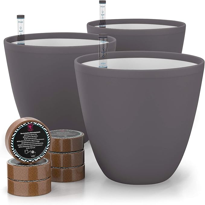 GARDENIX DECOR 7'' Self Watering planters for Indoor Plants - with Water Level Indicator for Flower Pot , Grow Tracking Tool - Coco Coir - Gray 3 Pack Rootora