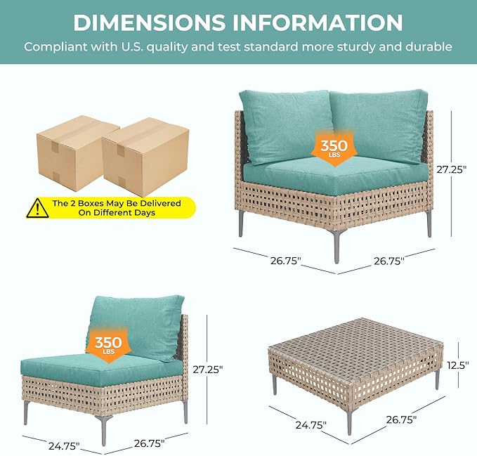 Grand patio 7-Piece Wicker Patio Furniture Set, Boho Outdoor Conversation Set Sectional Sofa with Water Resistant Thick Cushions and Coffee Table, Blue GrandPatio