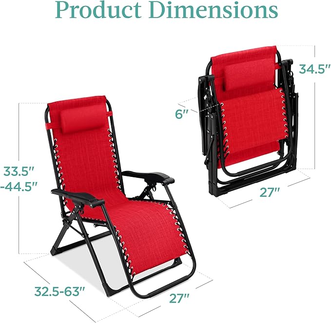 Best Choice Products Oversized Zero Gravity Chair, Folding Outdoor Patio Recliner, XL Anti Gravity Lounger w/Removable Cushion, Cup Holder, Side Tray, 350lb Capacity - Crimson Red BestChoiceProducts