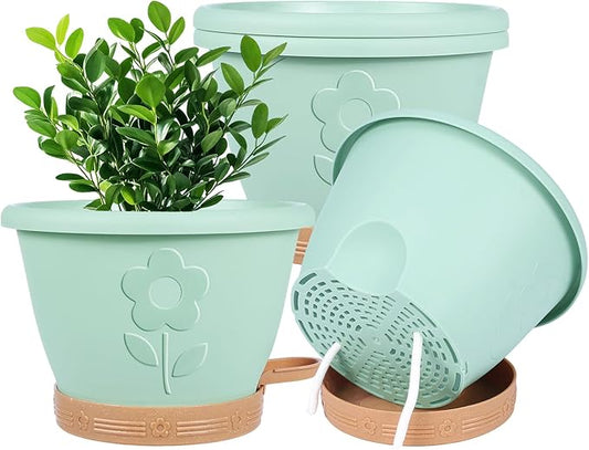 Plant Pots, Flower Pots for Indoor/Outdoor Plants, Self Watering Plastic Planters Pots with Drainage Holes, Saucer & Reservoir, Decorative Nursery Planting Pots(10 Inch Set of 4) Rootora