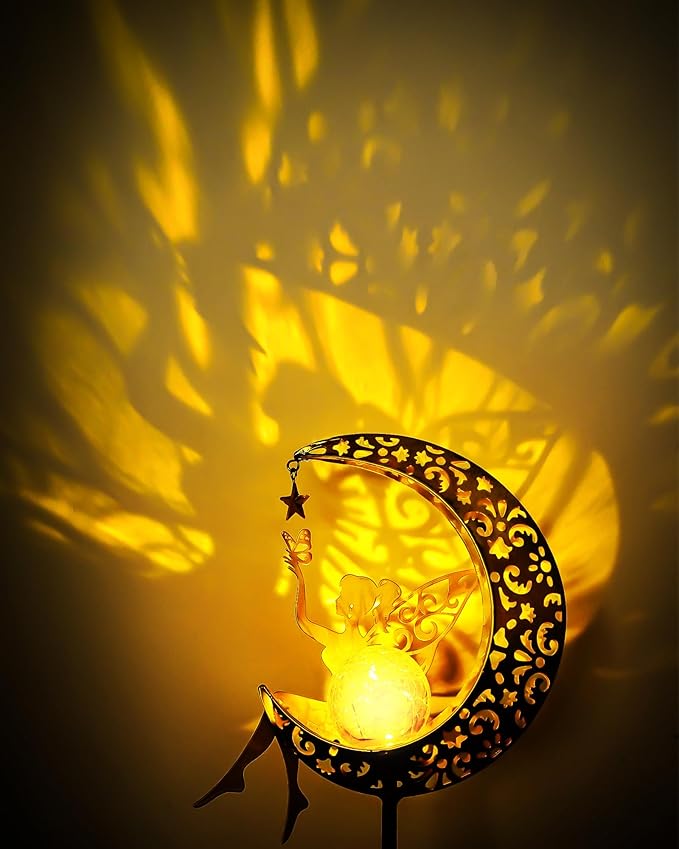 Solar Garden Statues Outdoor Decor, Fairy Moon Figurine Light Stake, Housewarming Ornament for Patio, Lawn, Yard, Pathway - Unique Gift Ideas for Gardening Mom Grandma Vuees