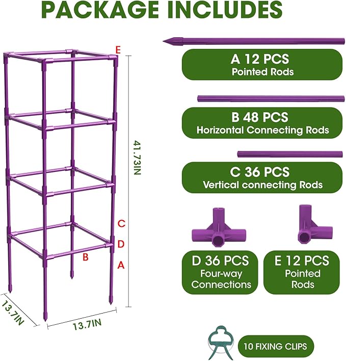 3 Pack Tomato Cages, Square Tomato Plant Stakes Support Cages Trellis for Garden Climbing Vegetables Flowers Fruits,Extra Bold,Purple MQHUAYU