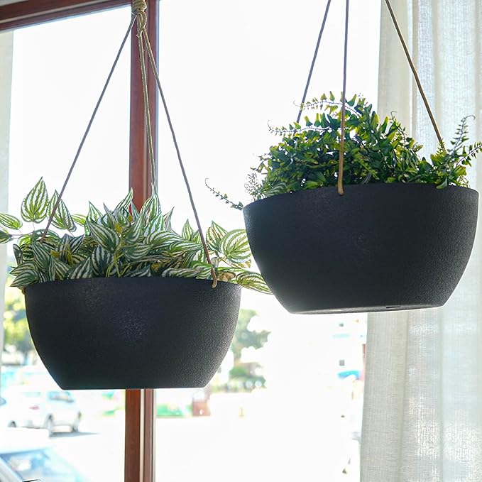 13 Inch 2 Pack Large Hanging Planters for Indoor Outdoor Plants, Plastic Hanging Basket Pots for House Plants Flowers, Black SwinDuck