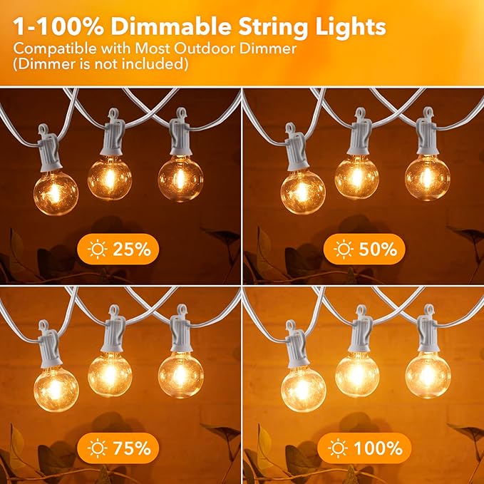 Brightown Outdoor String Lights, 50FT 25 G40 Bulbs Shatterproof Patio Lights, IP65 Waterproof Dimmable Hanging Connectable Globe LED Outdoor Lights for Backyard, Bistro, Porch, Deck, Balcony, White Brightown