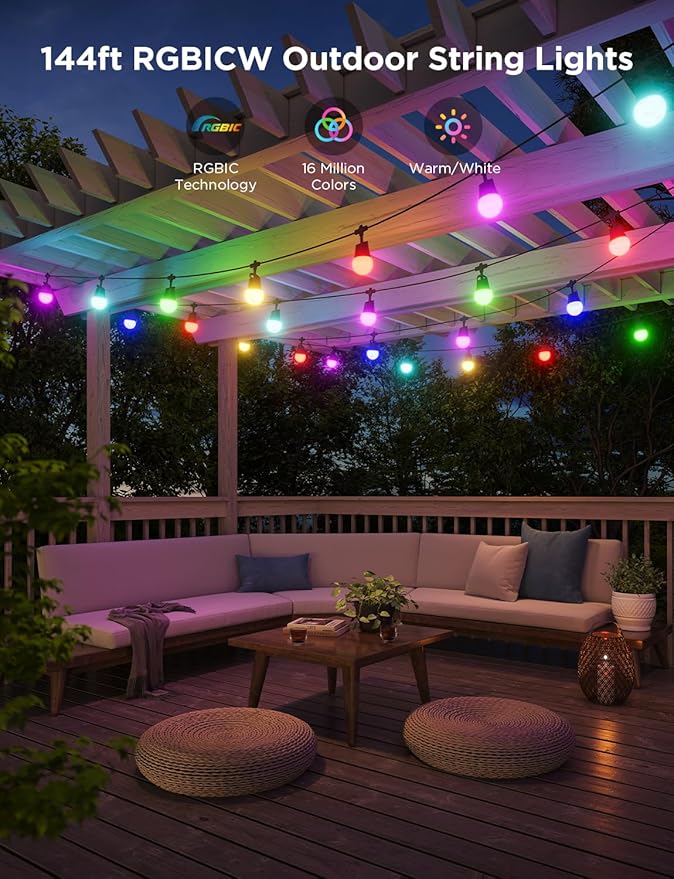 Govee Smart Outdoor String Lights 2, 144ft Outdoor Lights with Dimmable Warm White LED Bulbs, 47 Scene Modes for Patio, Backyard, Balcony, IP65 Waterproof, Works with Alexa, App Control Govee