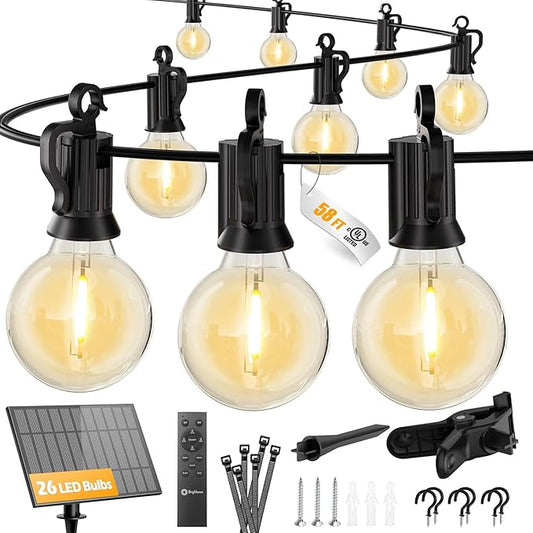 Brightown 58FT Solar String Lights Outdoor with Remote and 26 LED Shatterproof Bulbs, Dimmable & Timable, 3 Light Modes, Solar Patio String Lights Outdoor for Cafe, Garden, Deck, Outside Wedding Brightown