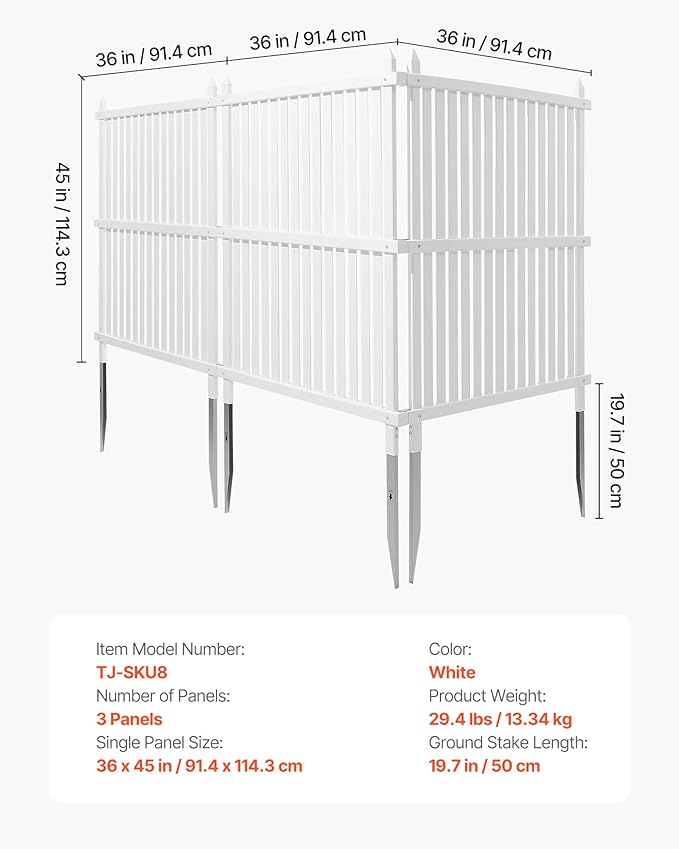VEVOR 3 Panels Outdoor Privacy Screen, 36 x 45 in Air Conditioner Fence with 19.7 in Ground Stakes, Pool Equipment Enclosure, Strip Vinyl Privacy Fence, Ideal for Trash Can and A/C Units, White VEVOR