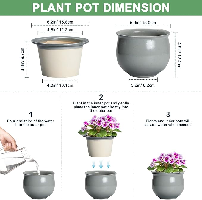 6 Inch Ceramic African Violet Pot, Easy Self Watering Pots with Absorbent Inner Pot, Round Self Watering Planter, Ceramic Pots for Plants Indoor, Apartment Decor, Housewarming Gifts, Grey Teagas