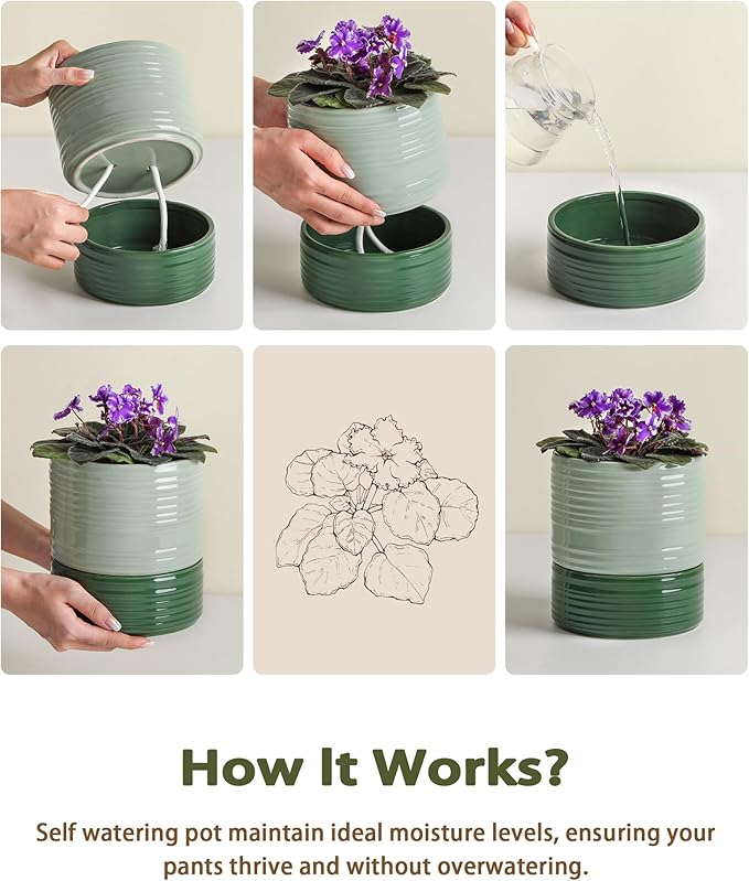 Self Watering Pots for Indoor Plants, 6 Inch Ceramic Self Watering Plant Pot, Planter Pot with Wick Rope and Drainage Hole for African Violet Succulent Herbs (Green Light) FayoulasGarden