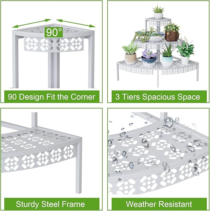 3 Tier Plant Stand Semi-Circular Flower Pot Organizer Rack Quarter Round Plant Display Holder Outdoor Storage Shelves Metal Corner Shelf Planter Shelving Ladder Plant Stand for Indoor Use(White) Garden4you