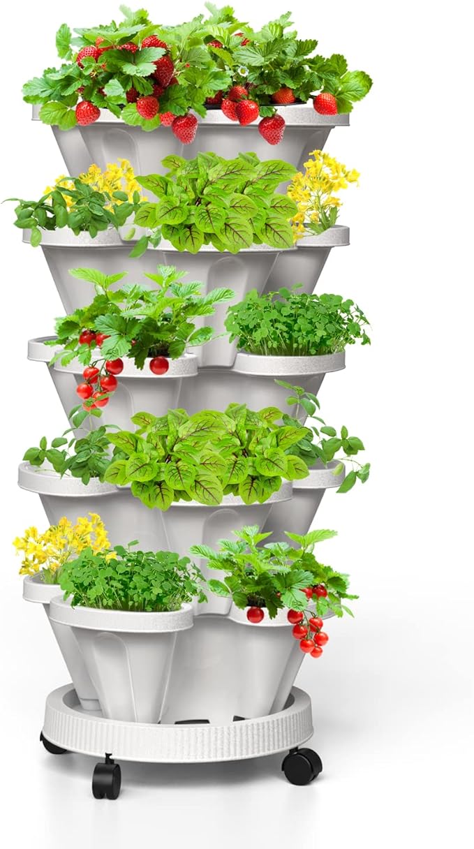 Strawberry Vertical Planters 5 Tiered, Stacking Tower Garden, Stackable Herb Vegetable Planters with Movable Casters and Bottom Saucer Indoor and Outdoor - White Tectsia