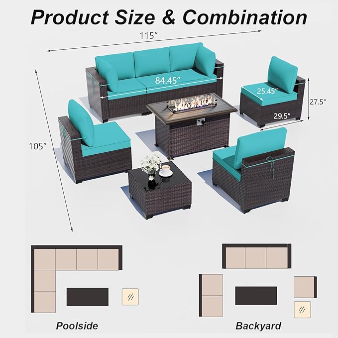 ALAULM Patio Furniture Set with Fire Pit Table 55000 BTU, Outdoor Sectional with Wide Seat and Thick Cushion, 8 Piece Wicker Rattan Conversation Set with Coffee Table for Garden, Deck, Turquoise ALAULM