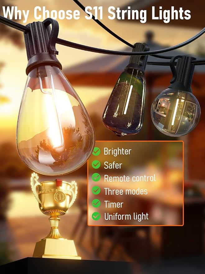 luckystyle 100FT LED Outdoor String Lights with Remote, 35+ 1 Shatterproof Bulbs Waterproof and Dimmable Patio Lights for Porch, Garden, Backyard, Deck, Balcony, 2200K Hanging Lighting luckystyle