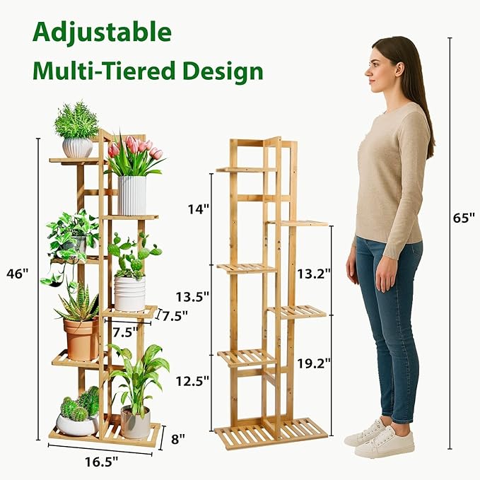 DolceLuna Plant Stand Indoor Corner, Tiered Bamboo Plant Shelf 46 Inch Tall, Plant Rack 6 Tier for Multiple Small Plants, Flower Holders for Living Room Bedroom Window Patio Balcony, Natural DolceLuna