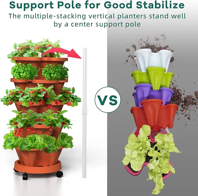 Strawberry Vertical Planter, 5 Tiered Stacking Garden Tower, Stackable Herb Vegetable Planters with Support Pole Indoor and Outdoor - Terra Cotta Tectsia