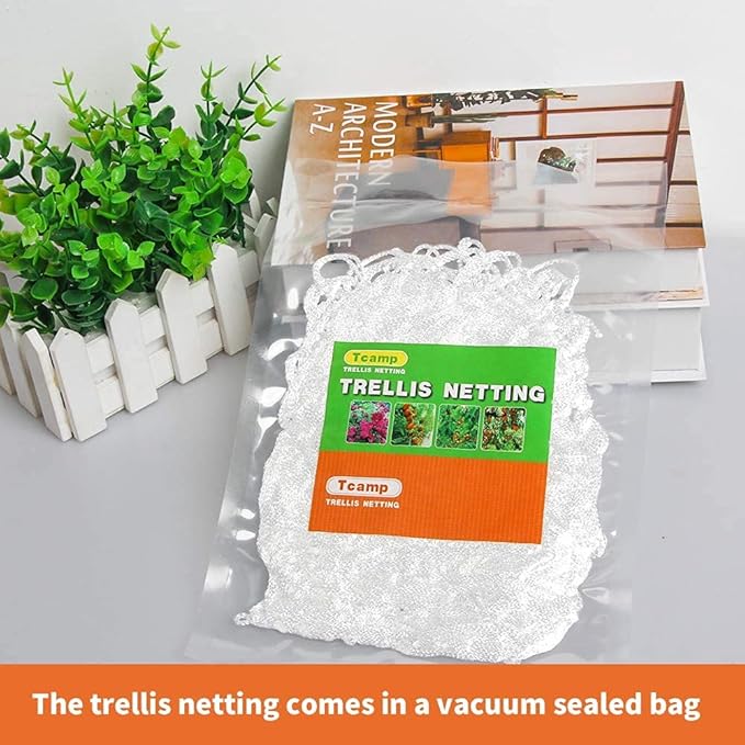 Tcamp Heavy-Duty Polyester Garden Trellis Netting Plant Climbing Net for Growing Vines Plants Vegetables Fruits Flowers, White Grow Tent (5Ft x15Ft, 3.5" Opening Mesh, 1 Pack) Tcamp