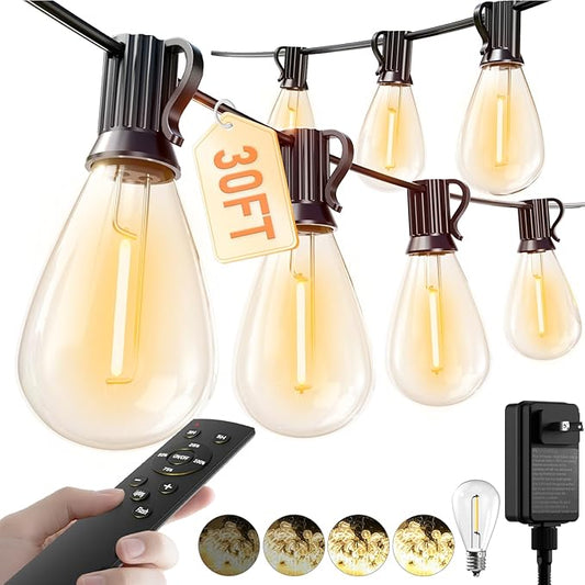 luckystyle 30FT LED Outdoor String Lights with Remote, 10+ 1 Shatterproof Bulbs Waterproof and Dimmable Patio Lights for Porch, Garden, Backyard, Deck, Balcony, 2200K Hanging Lighting luckystyle