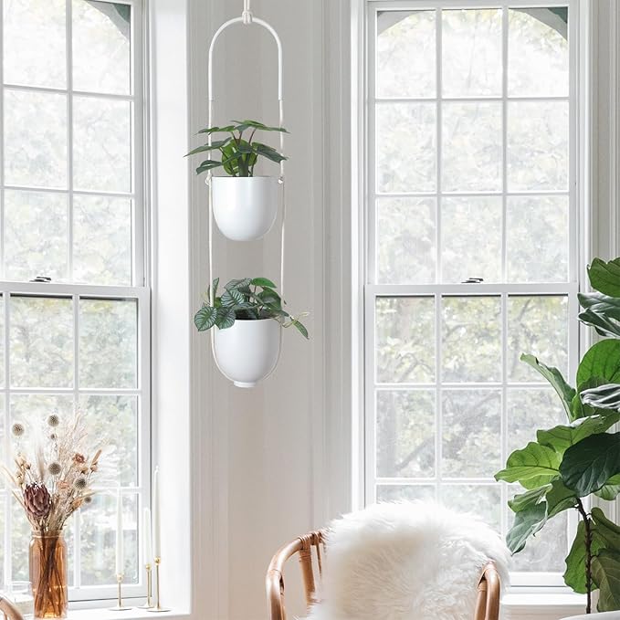 Hanging Planters 2 Tiers Metal Plant Hangers for Indoor Outdoor Plants Wall Ceiling Hanging Flower Pot Basket Holders Kitchen Room Decor(White) ABETREE